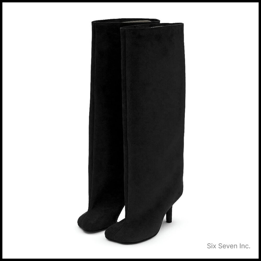 Faux Suede Knee High Boots Wide Calf Stiletto Heels Pull On Fashion Y2k